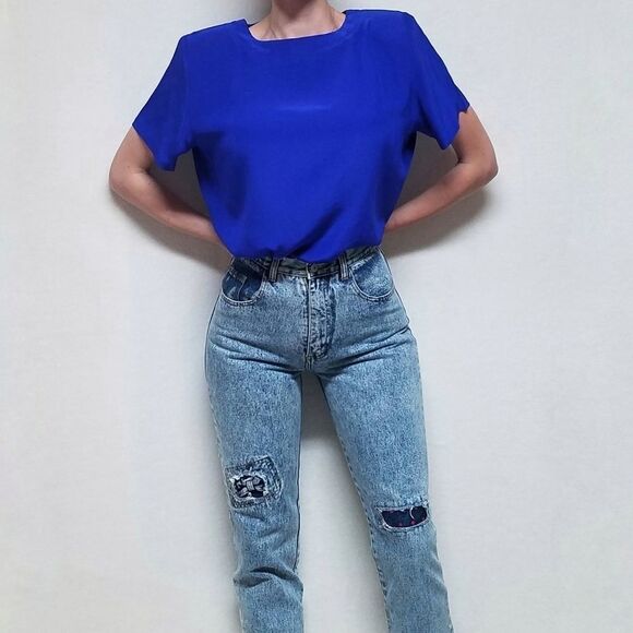 Vintage 80s Pia Rucci Royal Blue Silk Short Sleeve Crewneck Boxy Blouse M - Picture 2 of 11